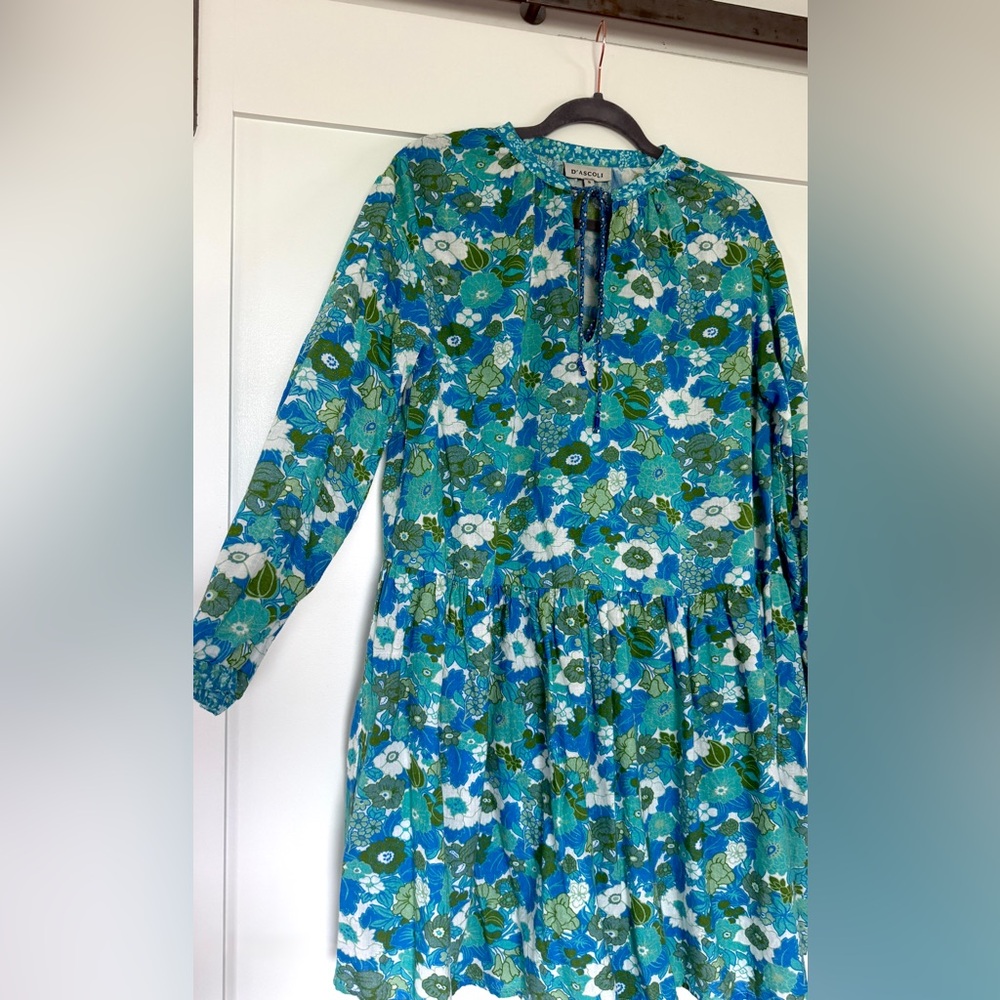 D’Ascoli Floral Cotton Dress Size Small Blue Green Boho Block Print Midi